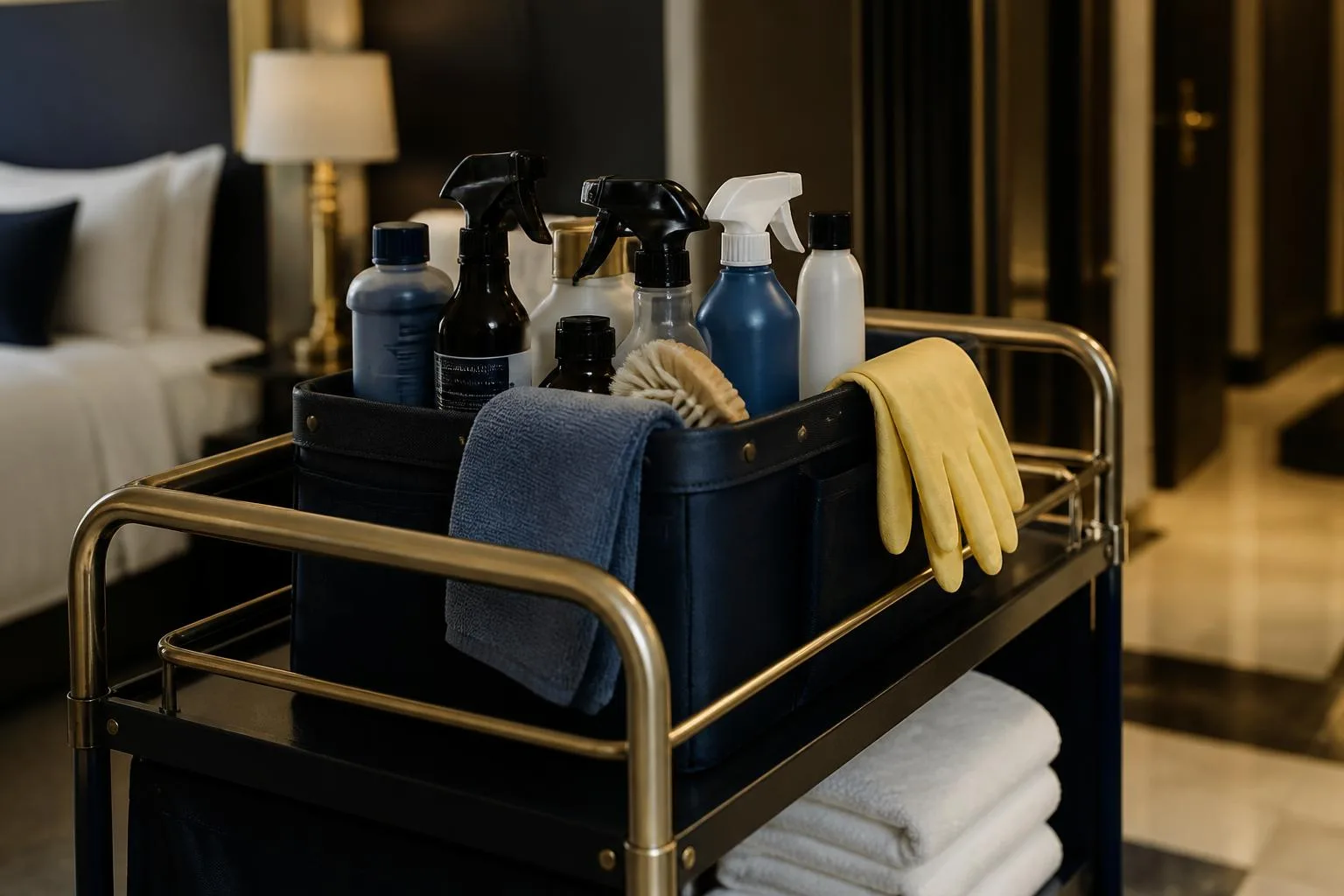 Caddy housekeeping berisi botol pembersih, kain microfiber, dan sarung tangan