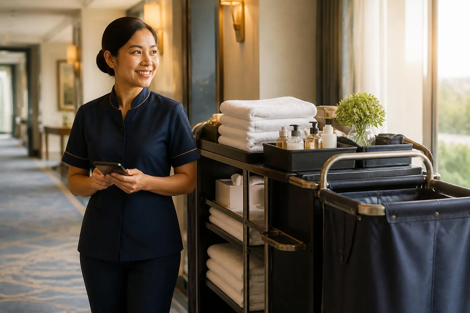 Petugas housekeeping dengan trolley dan handheld device