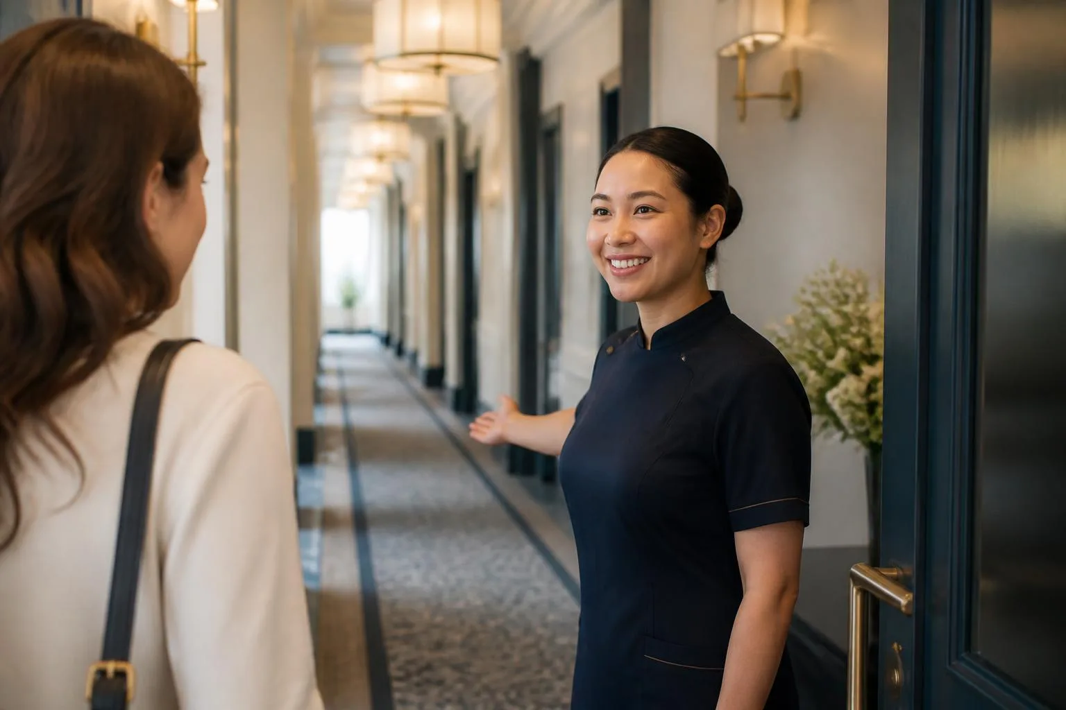 Petugas housekeeping menyapa tamu dengan sopan di koridor