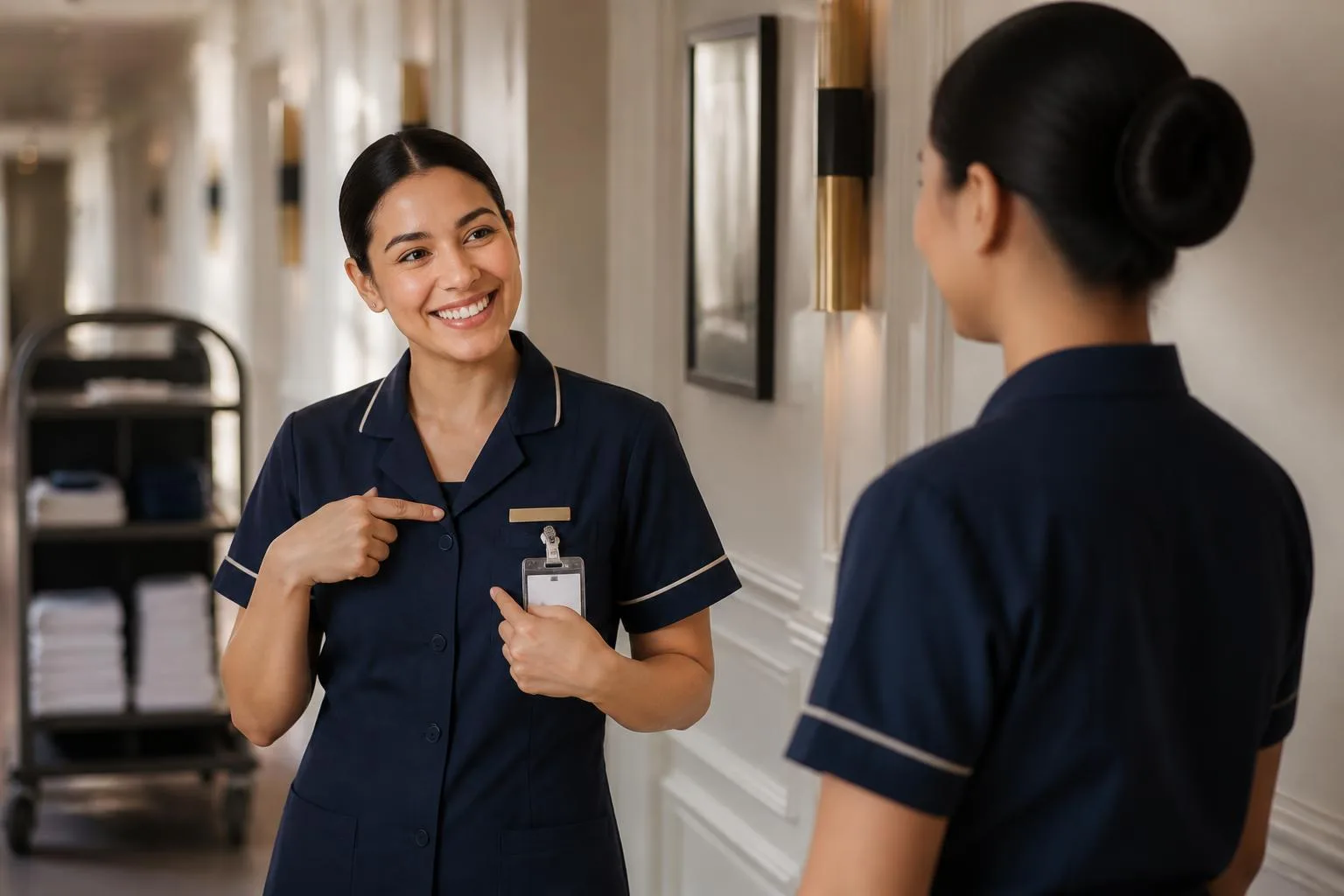 Staf housekeeping menunjukkan ID badge kepada rekan baru