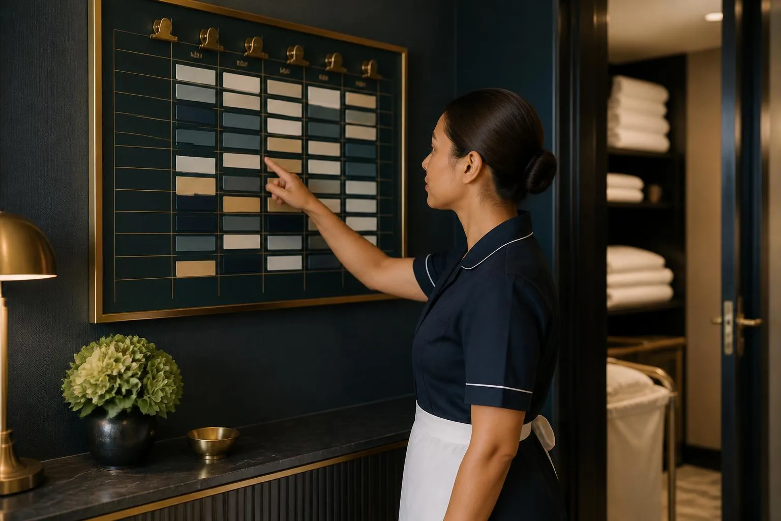 Petugas housekeeping memeriksa papan jadwal mingguan