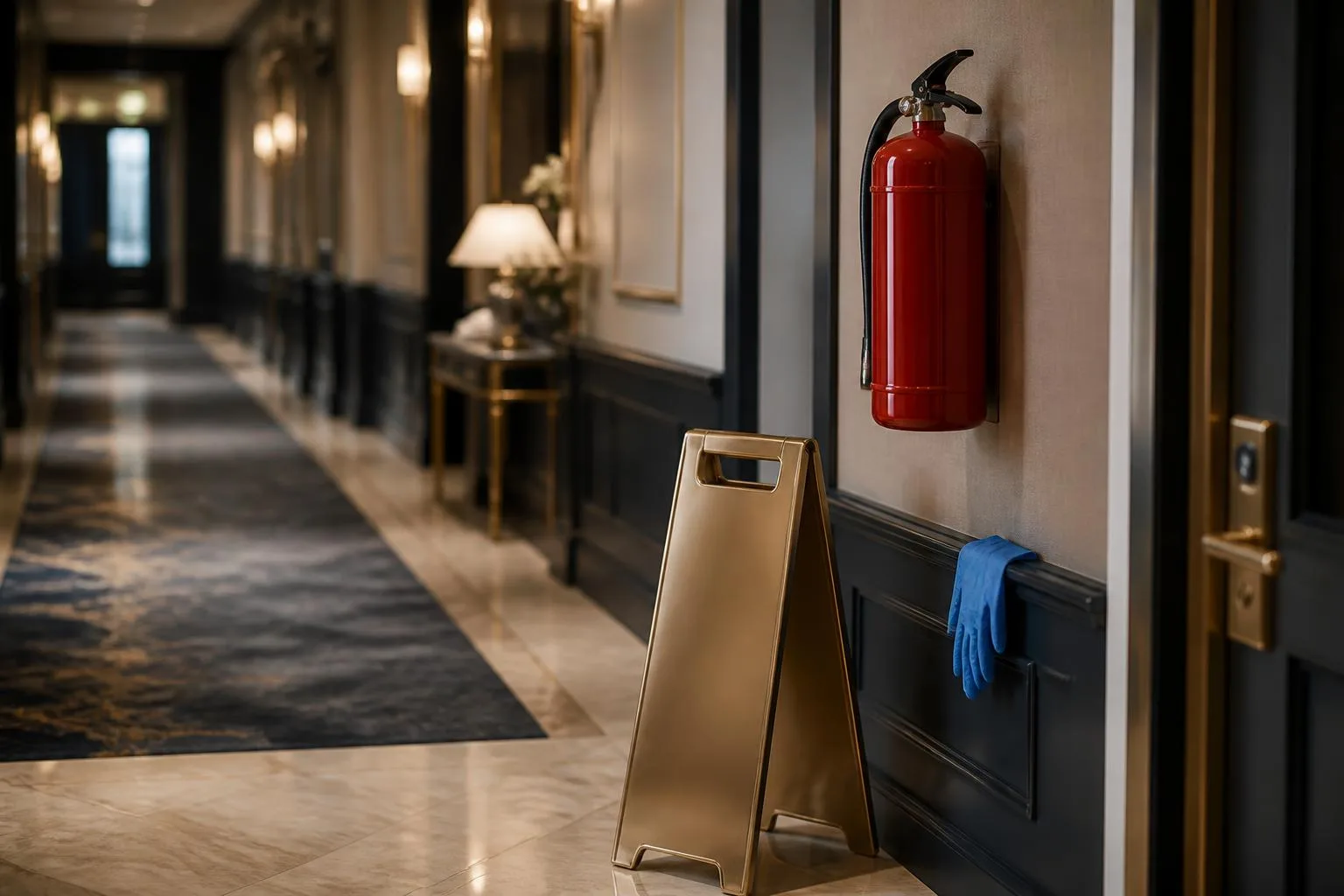 Tanda lantai basah dan alat pemadam api di koridor hotel