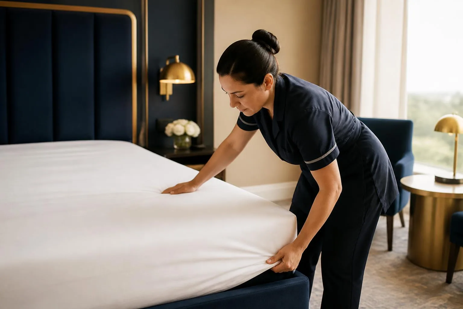 Petugas housekeeping merapikan seprai dengan sudut rapi