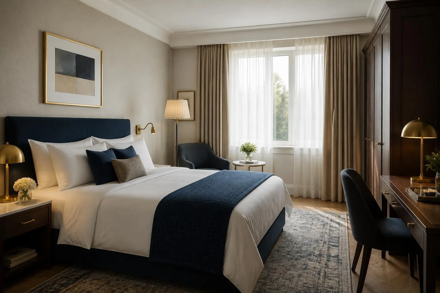 Kamar hotel dengan tempat tidur rapi, lemari, dan meja