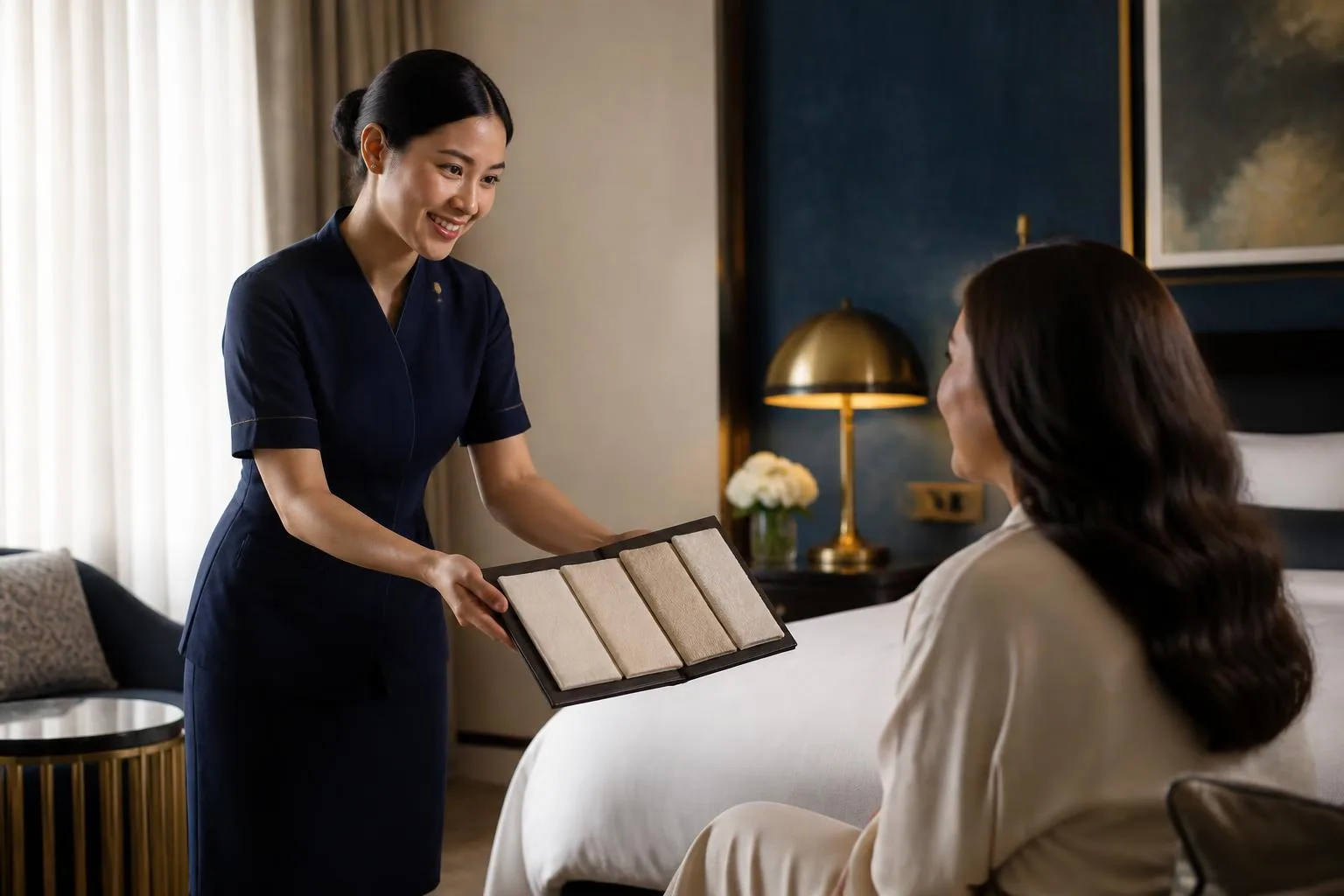 Petugas housekeeping menawarkan pilihan bantal kepada tamu dengan sopan