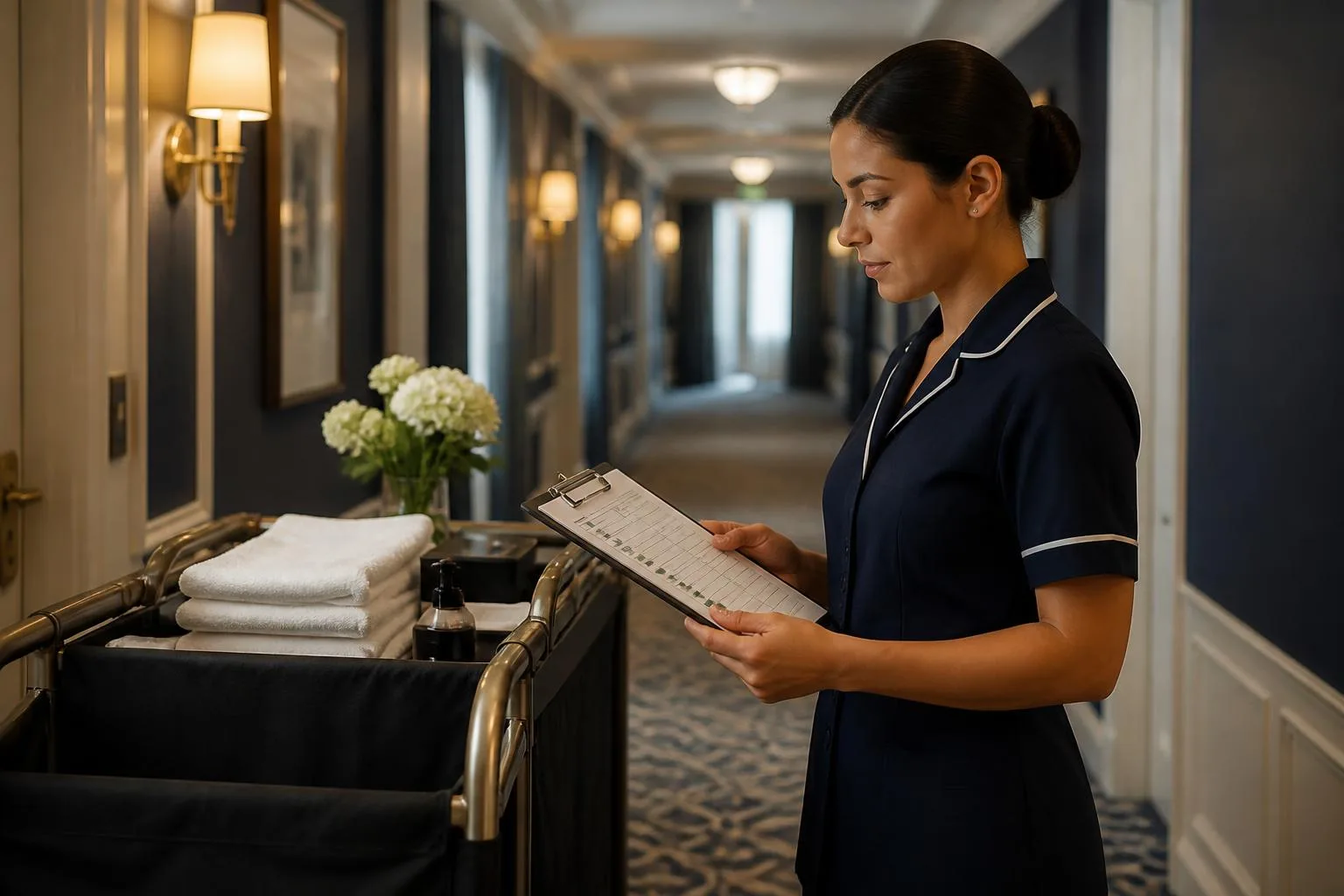 Petugas housekeeping memeriksa laporan status kamar